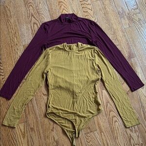 Ribbed Long Sleeve Bodysuit Set - Mustard and Burgundy
